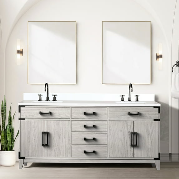 72 In. White Oak Double Bath Vanity With Polished Quartz Top And Faucet - Soft Close, Sufficient Cabinet Storage 72" W X 22" D Oak, Top, Faucet, Ample Space