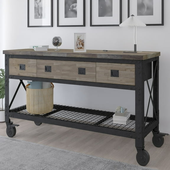 72 In x 24 In. 3 Drawer Rolling Industrial Workbench with Wood Top - Aged Macadamia