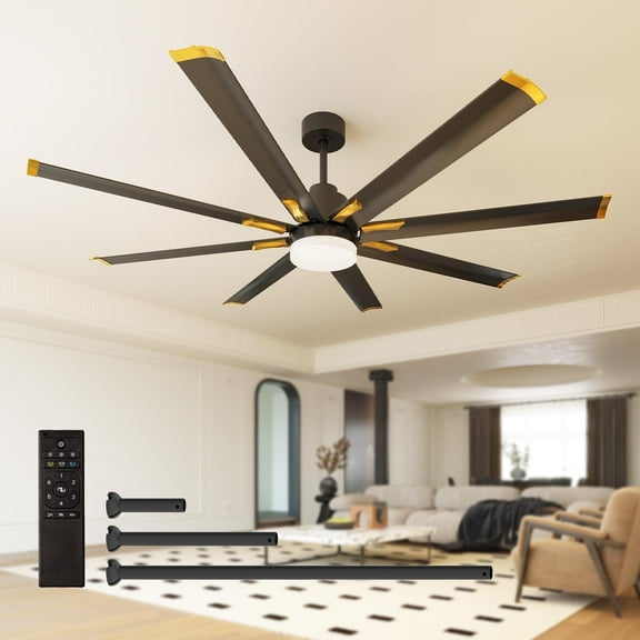 72 Inch 8 Aluminum Blades Ceiling Fans with Lights, Indoor/Outdoor Black Ceiling Fan with Remote Control, Reversible DC Motor, 3CCT, Dimmable, Damp Rated Ceiling Fan for Bedroom, Patio, Black