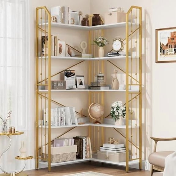 72 Inch Bead Design L-Shaped 5-Tier Corner Bookshelf, Large Industrial Display Rack for Living Room Bedroom