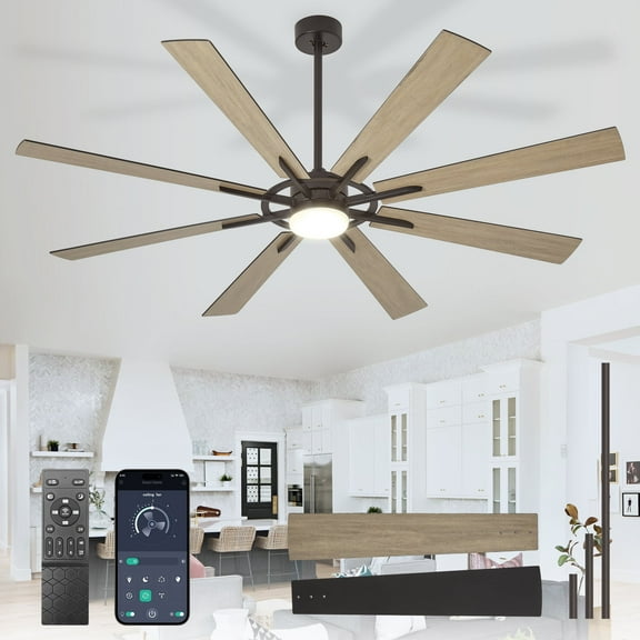 72-Inch Black ＆ Burlywood Ceiling Fan with Light，8 Blades Hanging Fan with Remote & APP Control Dimmable LED Light ＆ Memory Function for Outdoor/Indoor Use