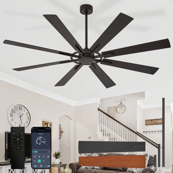 Depuley 72-Inch Black Ceiling Fan with no Light,8 Blades Hanging Fan with Remote & APP Control Dimmable LED Light & Memory Function for Outdoor/Indoor Use