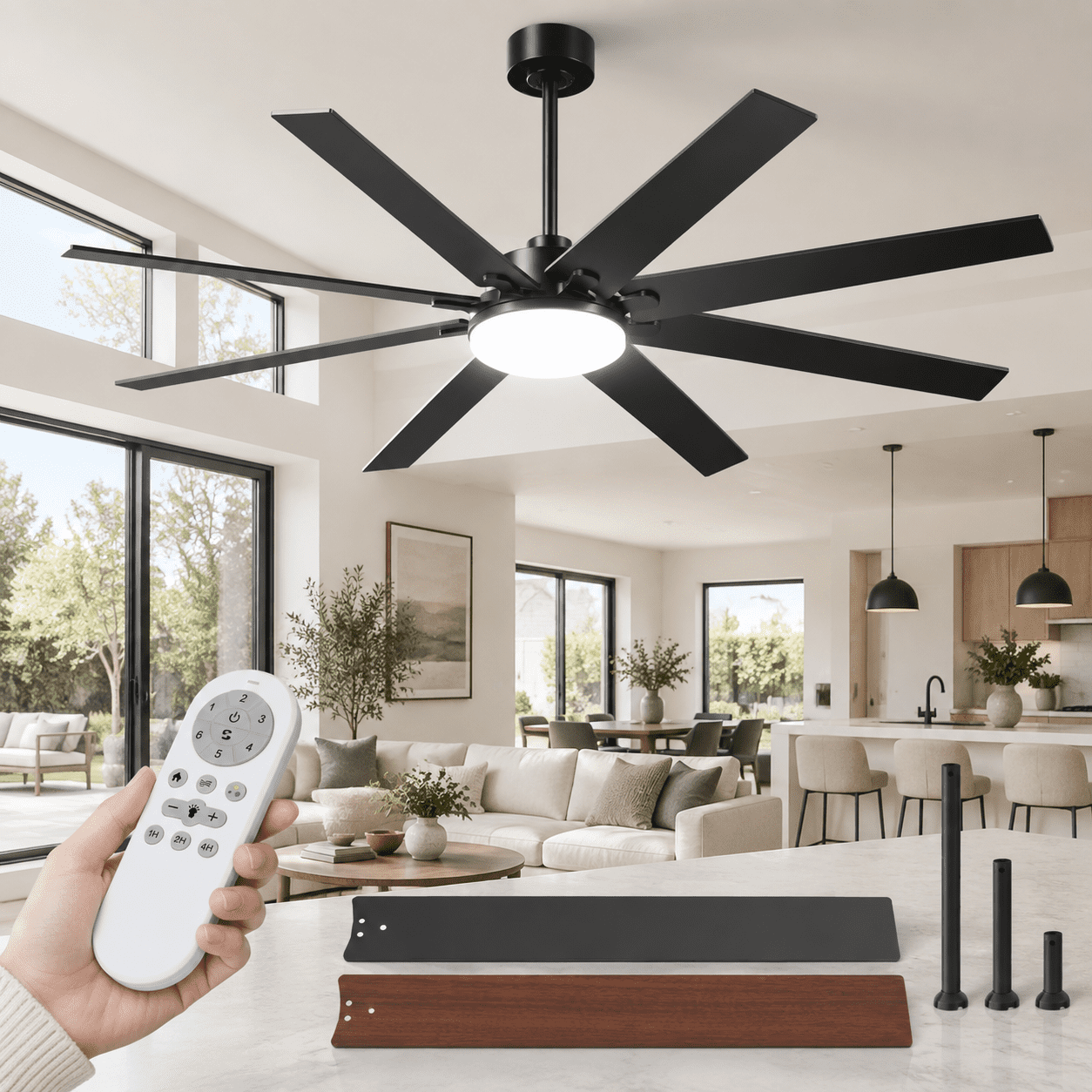 72 Inch Black Modern Ceiling Fan with Light and Remote Control ...