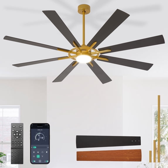 72-Inch Black & Walnut Ceiling Fan with Light,8 Blades Hanging Fan with Remote & APP Control Dimmable LED Light & Memory Function for Outdoor/Indoor Use