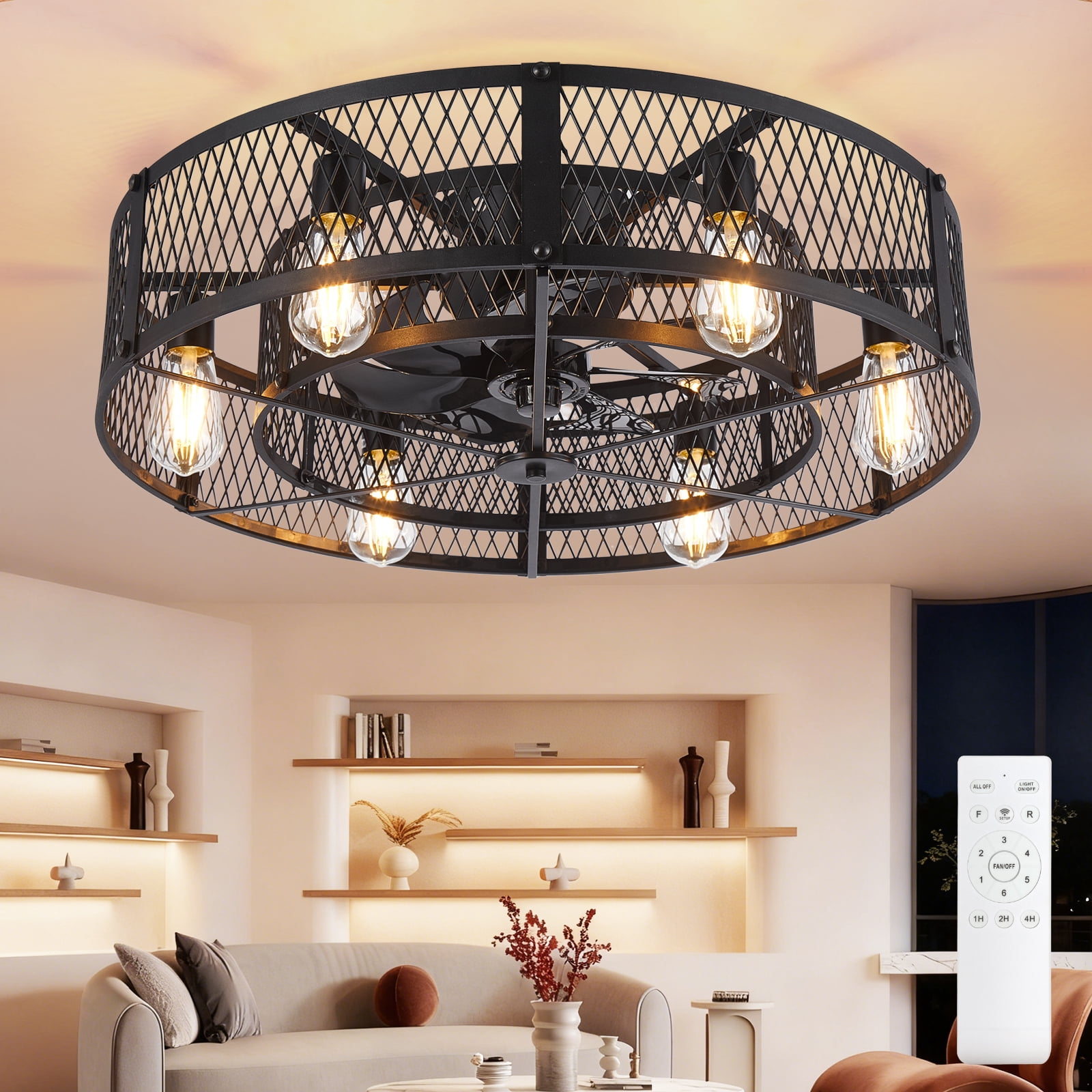 26-Inch Farmhouse Caged Ceiling Fan with Light: Reversible Ceiling Fan with Remote Control Quiet DC Motor 6 Speed Timer E26 Bulbs Not Included Black