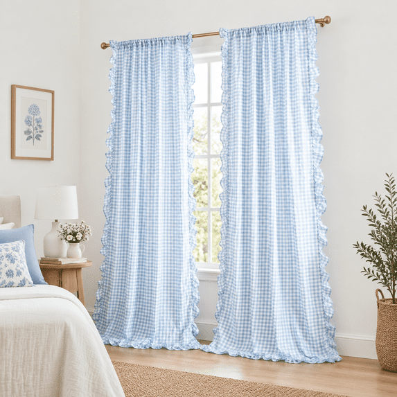 72 Inch Blue Plaid Ruffle Window Curtarod Pocket - Walmart.com