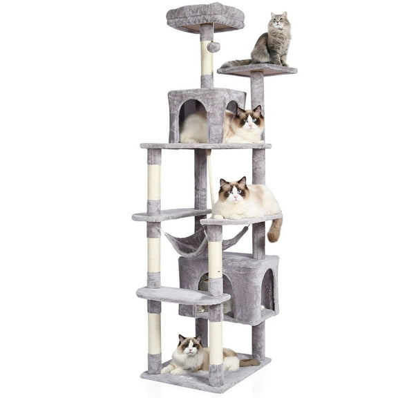 72 Inch Cat Tree Tower with 2 Condos Sisal Scratching Post Hammock Perch Platforms Activity Center Hang Ball Light Grey