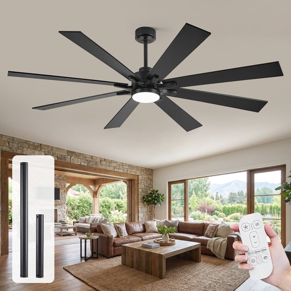 72 Inch Ceiling Fan with Light and Remote, Large Industrial Modern Black ETL Listed 5CCT Dimmable, High CFM Plywood 8-Blade Quiet Reversible DC Motor Fan for Indoor Great Living Room Office Commerce