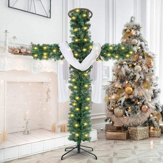 72 Inch Christmas Cross Tree with 100 Lights and a White Silk Scarf Christmas Christian Decorations Indoor Jesus Christ Catholic Cross Decor He is Risen for Home Decor