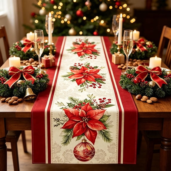 72 Inch Christmas Table Runner, Festive Table Cover with Print Vintage Long Tablecloth Farmhouse Tabletop Decor for Dining Table Sideboard, Holiday Home Kitchen Rustic Decoration, Winter Celebration