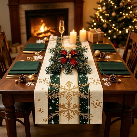 72 Inch Christmas Table Runner, Festive Table Cover with Print Vintage Long Tablecloth Farmhouse Tabletop Decor for Dining Table Sideboard, Holiday Home Kitchen Rustic Decoration, Winter Celebration