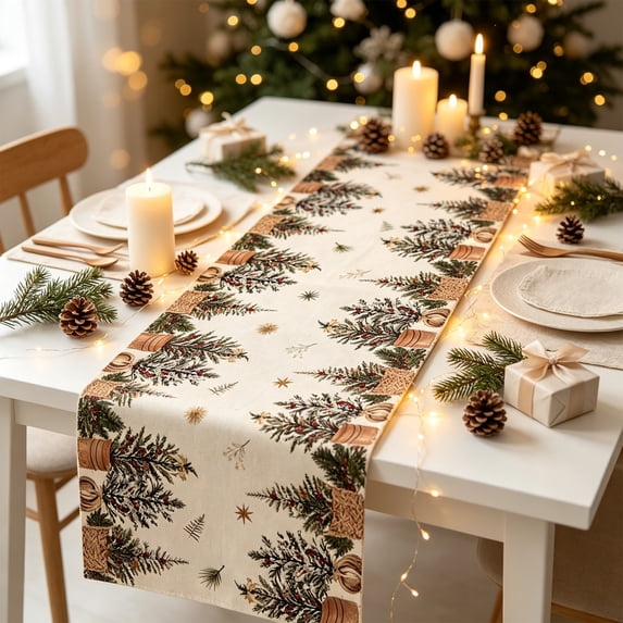 72 Inch Christmas Table Runner, Festive Table Cover with Print Vintage Long Tablecloth Farmhouse Tabletop Decor for Dining Table Sideboard, Holiday Home Kitchen Rustic Decoration, Winter Celebration