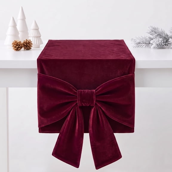 72 Inch Christmas Velvet Table Runner with Large Bow, Elegant Holiday Table Decor for Dining Room, Soft Seasonal Centerpiece Accent for Christmas Dinner, Party, Buffet and Home Gatherings