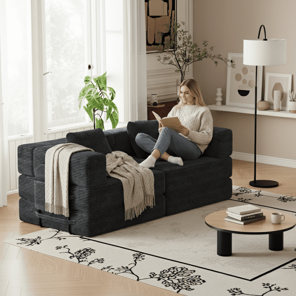 72 Inch Convertible Couch Sofa Bed with Cushions –  Corduroy 2 Seater Pull Out Sleeper Couch for Small Spaces, Living Room, Bedroom, Guest Use