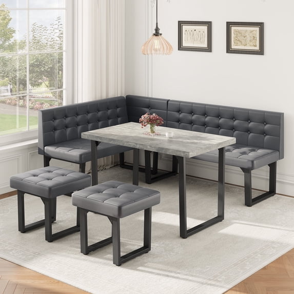 5 Piece Corner Dining Breakfast Nook with Table and Bench Modern Kitchen Table Set with Gray Upholstered Banquette Seating