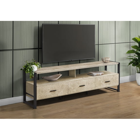 72 Inch Cream Stone Laminate TV Stand with Black Metal Legs, Modern Media Entertainment Center with 3 Storage Drawers & 2 Shelves, Contemporary Living Room Furniture, Durable MDF Construction