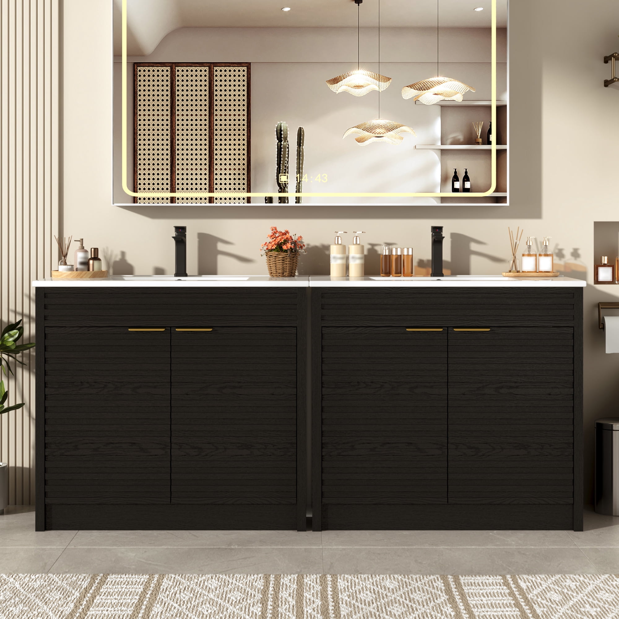 72-Inch Double Bathroom Vanity with Ceramic Sinks, Freestanding Modern ...