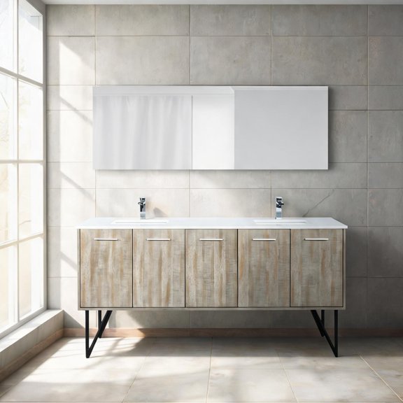 72-Inch Double Bathroom Vanity, Rustic Acacia Wood, White Quartz Top With Included Chrome Faucet Set