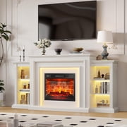 72-Inch Electric Fireplace TV Stand with Mantel, White Entertainment Center for TVs up to 80", Modern LED Media Console
