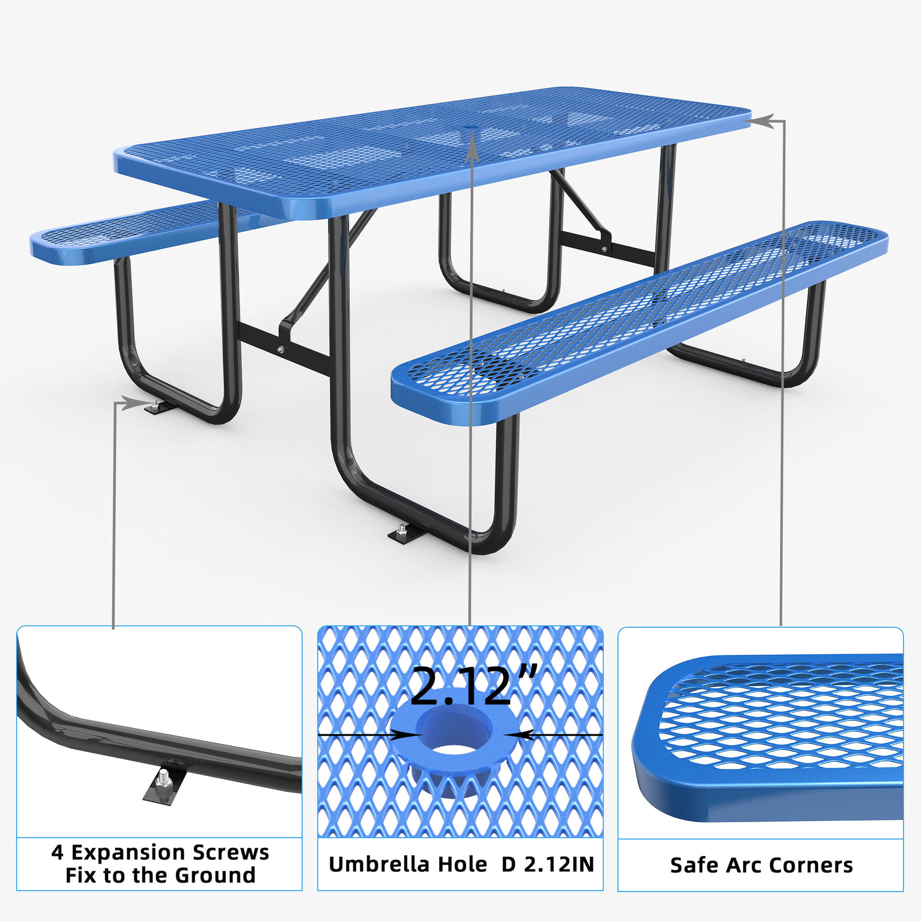 72-Inch Expanded Metal Picnic Table+Umbrella Hole & Heavy Duty Design ...