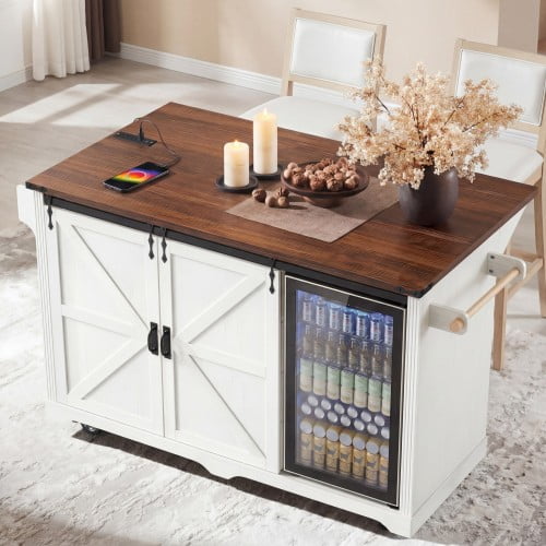 72 Inch Farmhouse Kitchen Island with Fridge Storage Space, Rolling Coffee Bar Cabinet on Wheels with 4 Drawers, Sliding Barn Doors, Glass Holder, Drop Leaf and Power Outlet, White