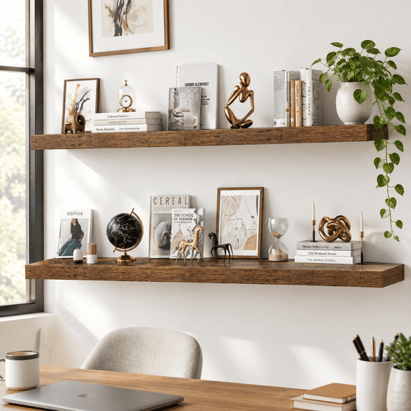72 Inch Floating Shelves 12 Deep Wall Shfor Fireplace Mantel Storhome & Office Long With Invisible Bracket Rustic Brown Set Of 2