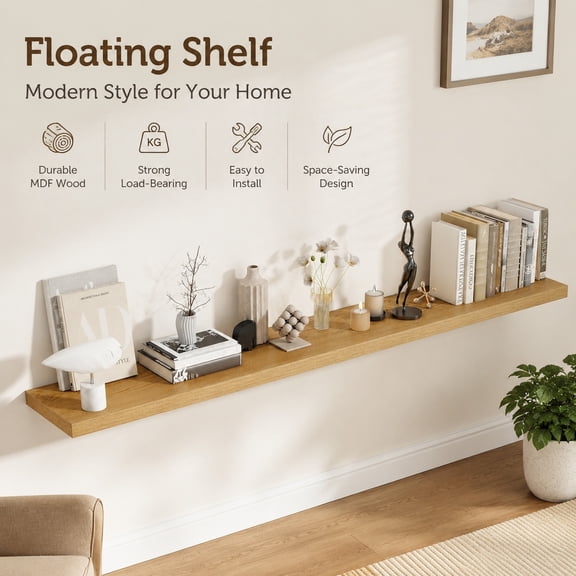 72 Inch Floating Shelves for Wall, 8 Inch Deep Rustic Wood Floating Shelf with Invisible Bracket, Large Storage Shelf for Bedroom, Kitchen, Living Room Oak