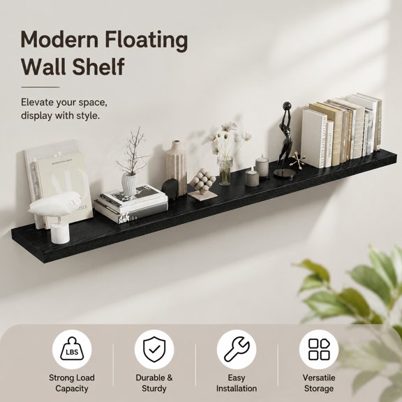 72 Inch Floating Wall Shelf, 8 Inch Deep Large Rustic Wood Shelf with Invisible Brackets for Books, Storage, Bedroom, Kitchen, Living Room, Black