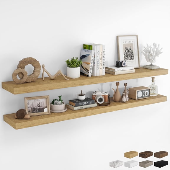 72 Inch Oak Wood Floating Wall Shelves, 2 Pack, 8" Deep Extra Long Shelving with Invisible Brackets for Bathroom, Kitchen, Bedroom, Living Room