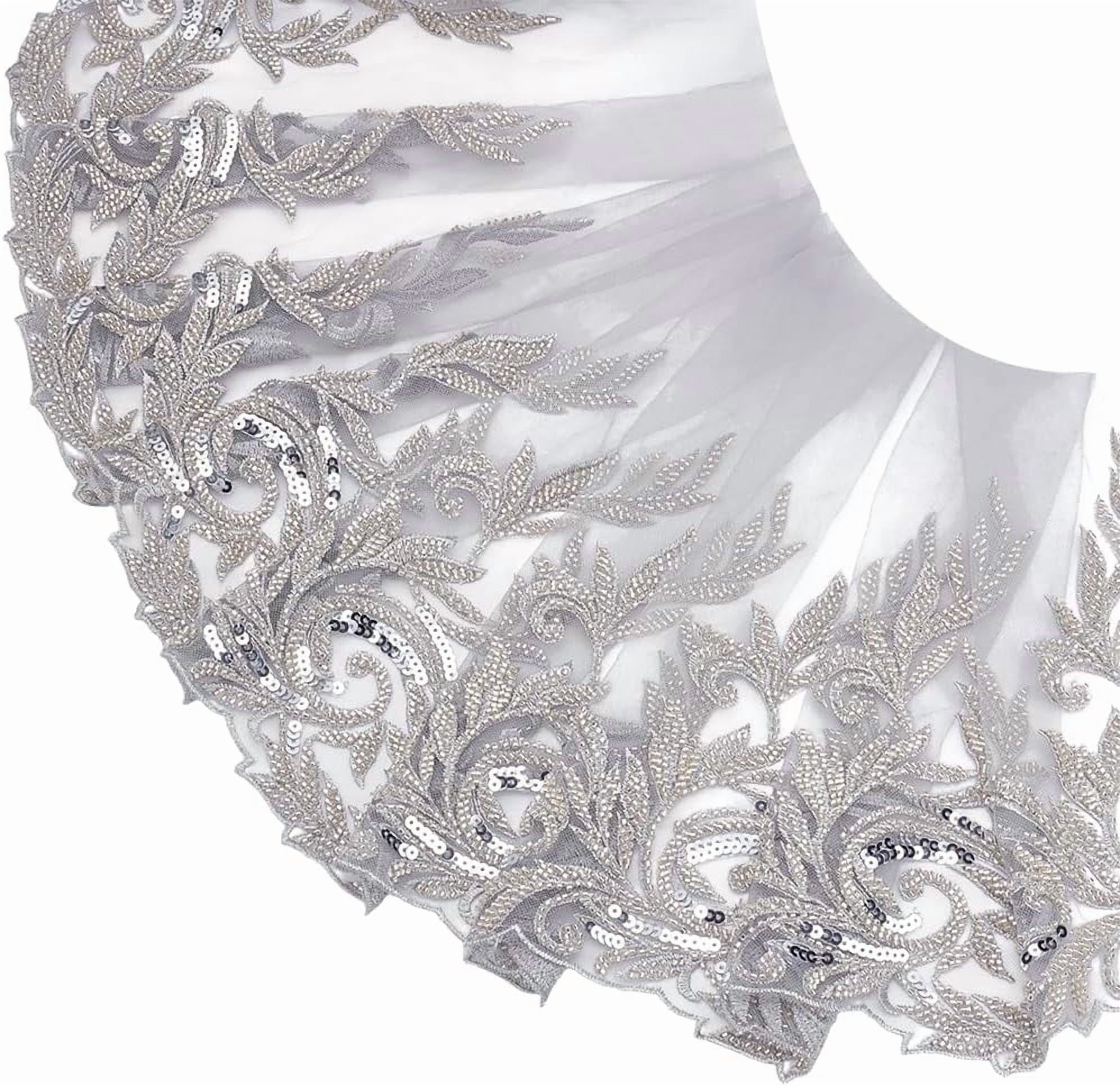 72 Inch Flowers Sequin Lace Applique Fabric Floral Lace Rhinestone Beaded Sewing Fabric Applique Decor for DIY Sewing Clothing Flowers Applique Embroidery Patches Fabric for Wedding Dress