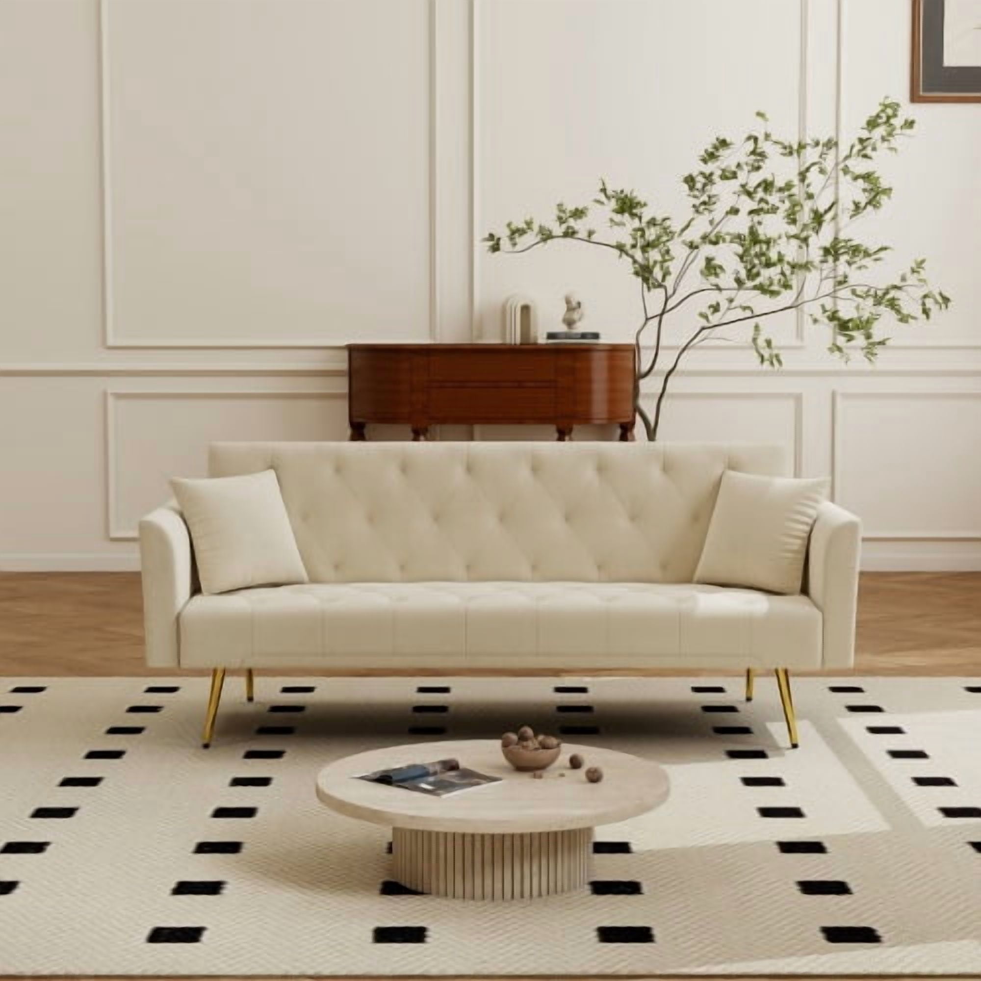 72-Inch Foldable Sleeper Sofa, Tufted American Retro Style, Velvet Couch with 3 Adjustable Positions, Ideal for Small Living Rooms, Bedrooms and Offices, Beige