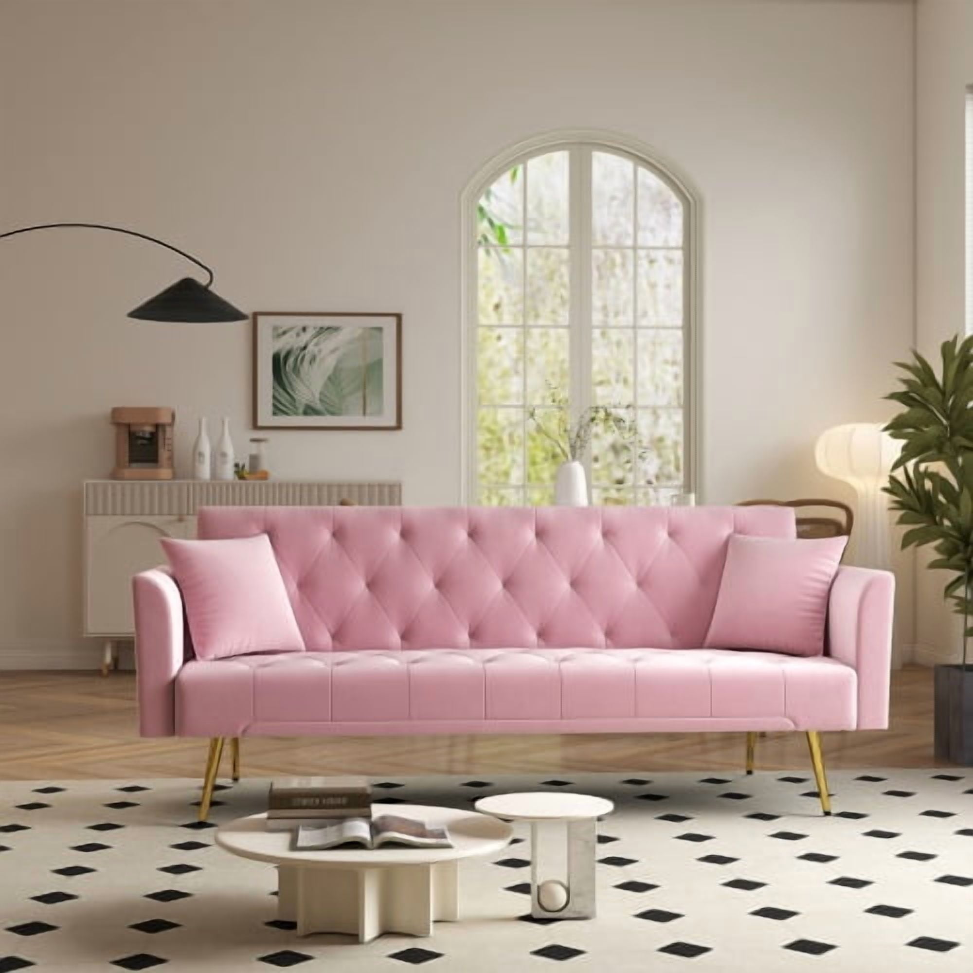 72-Inch Foldable Sleeper Sofa, Tufted American Retro Style, Velvet Couch with 3 Adjustable Positions, Ideal for Small Living Rooms, Bedrooms and Offices, Pink