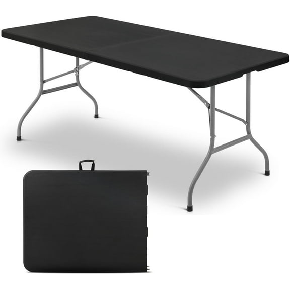 72 Inch Folding Table with Carry Handle, Portable Heavy Duty Plastic Utility Table with Steel Legs for Party, Wedding, Camping, Indoor, Outdoor Event, Black
