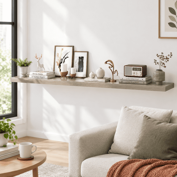 72 Inch Grey Floating Shelves, Pack of 1, 8 Inch Deep Wall Mounted Wood ...