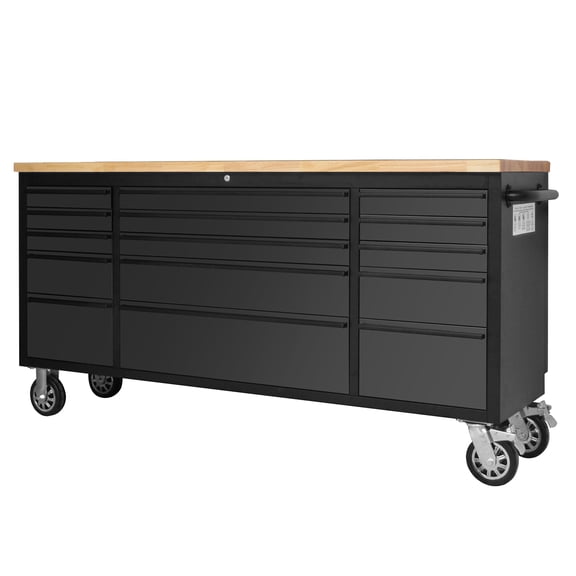 72 Inch Heavy-Duty Rolling Tool Chest & Mobile Workbench with 15 Drawers, Rubber Wood Tabletop, Locking System, Drawer Liners and Wheels, Steel Storage Cabinet for Garage, Workshop, Black
