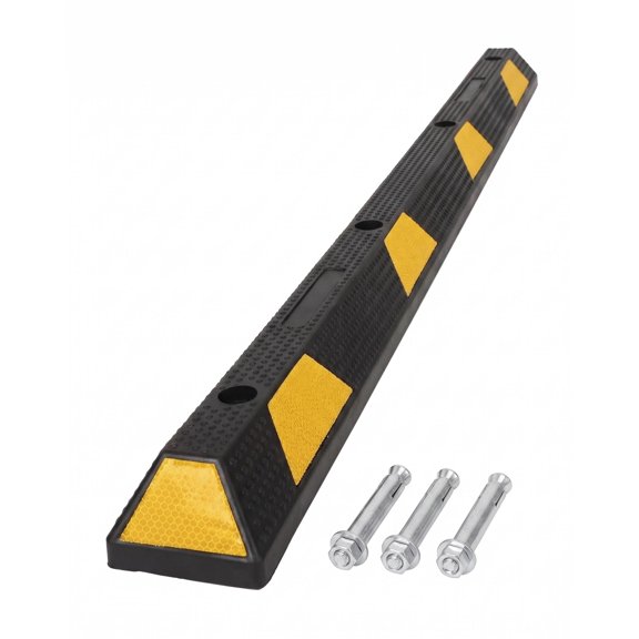 72 Inch Heavy Duty Rubber Parking Curb with Reflective Yellow Stripes, 6 ft Parking Stop for Cars, Trucks & SUVs, Pre-Drilled Parking Block for Garage, Driveway & Commercial Lot
