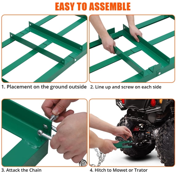 72 Inch Heavy Duty Steel Driveway Drag Harrow and Lawn Leveling Rake Tow-Behind Gravel and Dirt Grader with 4FT Reinforced Chain for ATV, UTV