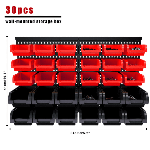 ZZH-Adjustable Plastic Storage Bins For Wall Mount - Black & Red Garage Tool Organizer - Organize Screws, Bolts, Nuts & Small Parts For Home/Shop/Garage