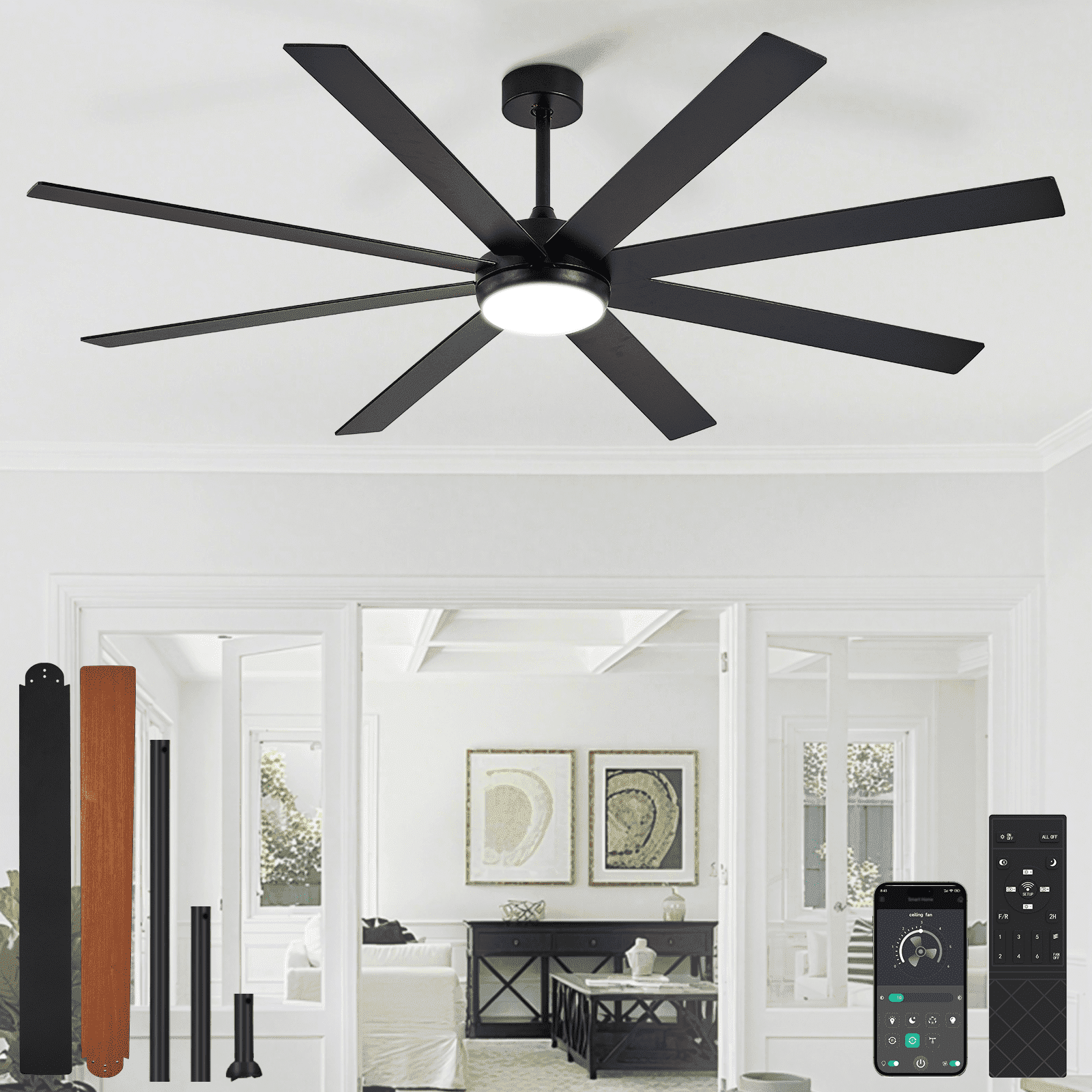 Depuley 72-Inch Indoor/Outdoor Ceiling Fan with Light - 8-Blade in Black Walnut, Remote & App Control, Dimmable 3CCT LED, Quiet DC Motor​