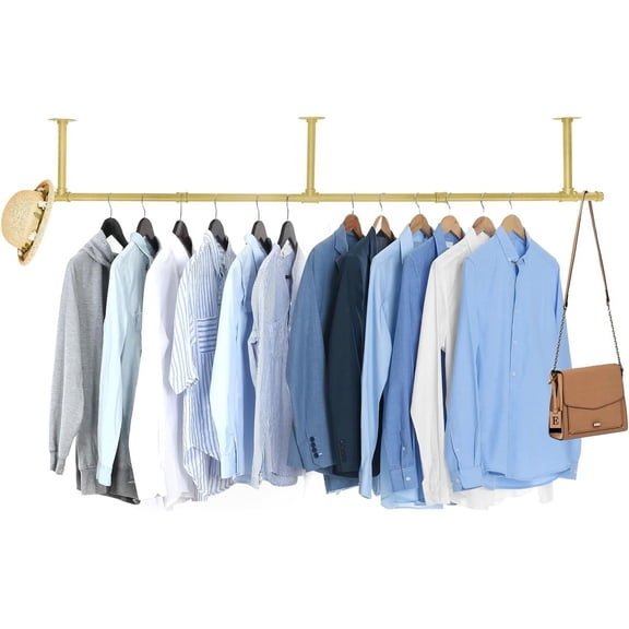 72 Inch Industrial Pipe Clothes Garment Rack Ceiling Mount with Hanging Rod Bar for Laundry Room Up to 135 Lb Load