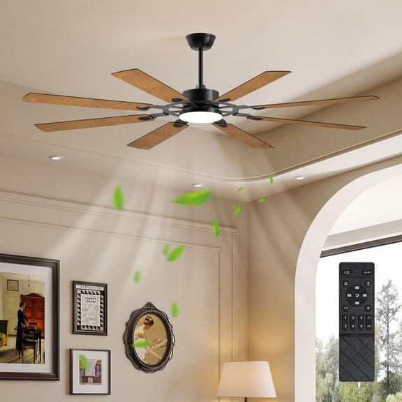 72-Inch Large Ceiling Fan with Light, 8-Blade Modern DC Motor, Reversible Quiet Operation, Indoor/Outdoor Black Ceiling Fan for Living Room Kitchen Patio, LED Included