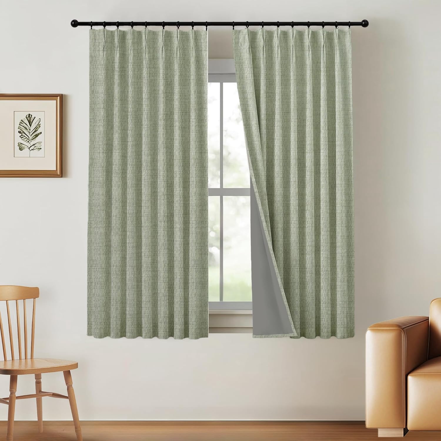 72 Inch Long Light Green Pinch Pleated 100% Blackout Curtains & Drapes