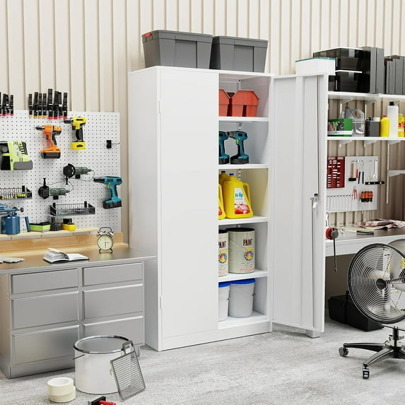 72 Inch Metal Garage Storage Cabinet with Lock, 4 Adjustable Shelves Heavy Duty Steel Tool Cabinet for Office Home Gym White