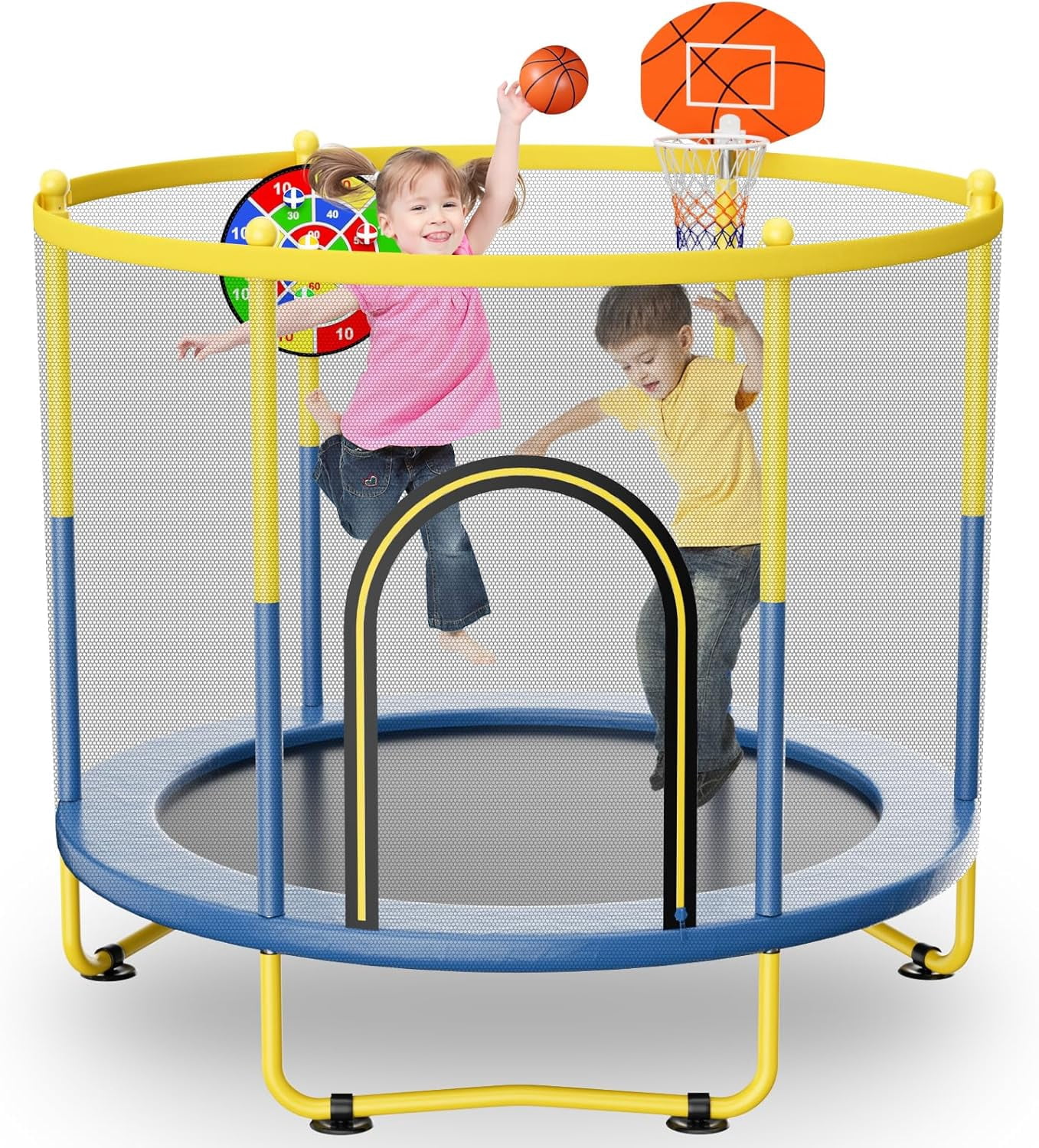 72-Inch Mini Indoor/Outdoor Trampoline For Toddlers, equipped with safety net, basketball hoop, and dartboard. Ideal as a gift for boys, girls, and infants.Blue