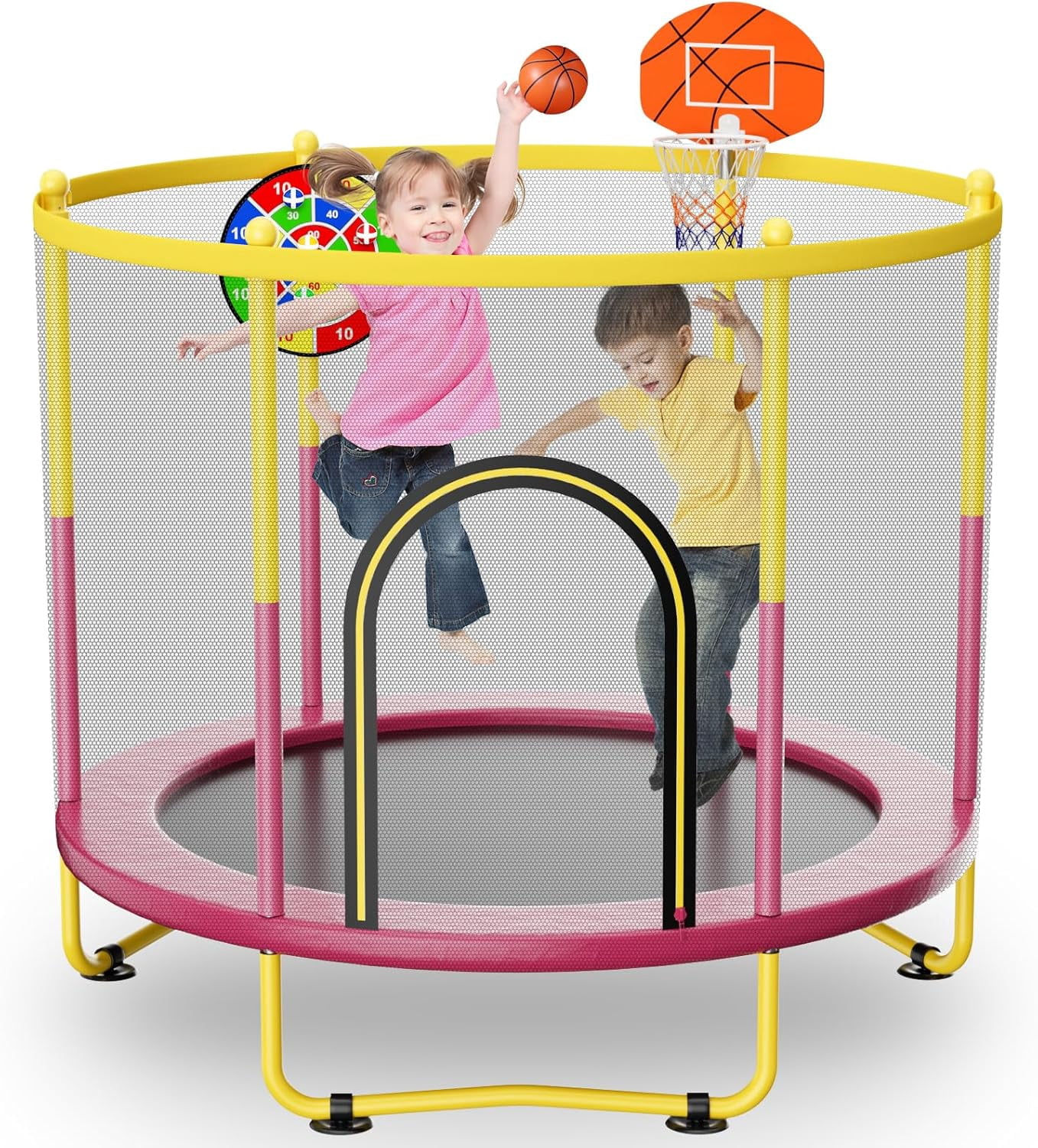 72-Inch Mini Indoor/Outdoor Trampoline For Toddlers, equipped with safety net, basketball hoop, and dartboard. Ideal as a gift for boys, girls, and infants.Pink