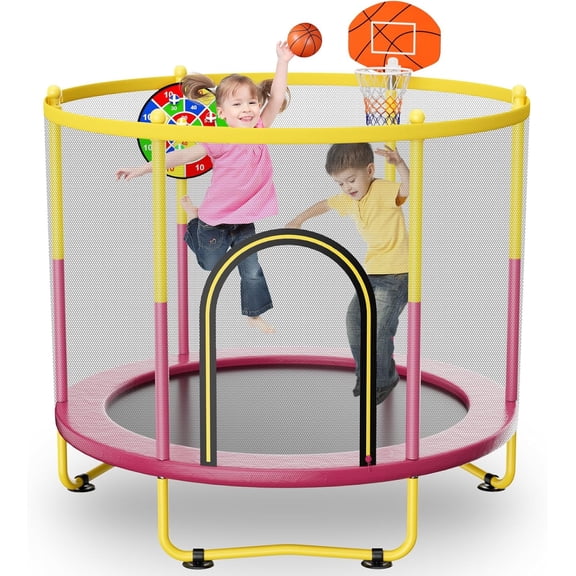 72-Inch Mini Indoor/Outdoor Trampoline For Toddlers, equipped with safety net, basketball hoop, and dartboard. Ideal as a gift for boys, girls, and infants.Pink