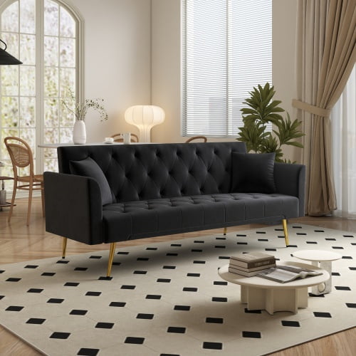 72 Inch Modern Convertible Sleeper Sofa, Foldable Tufted Black Velvet Sofa Bed with Adjustable Backrest, American Retro Style Couch for Small Living Room Bedroom Office
