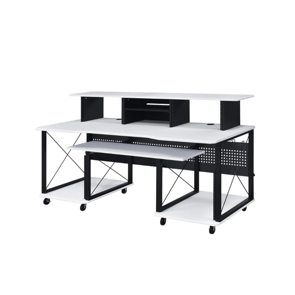 Benjara 72" Music Desk Workstation- Crossed Metal Panels- Keyboard Tray- White