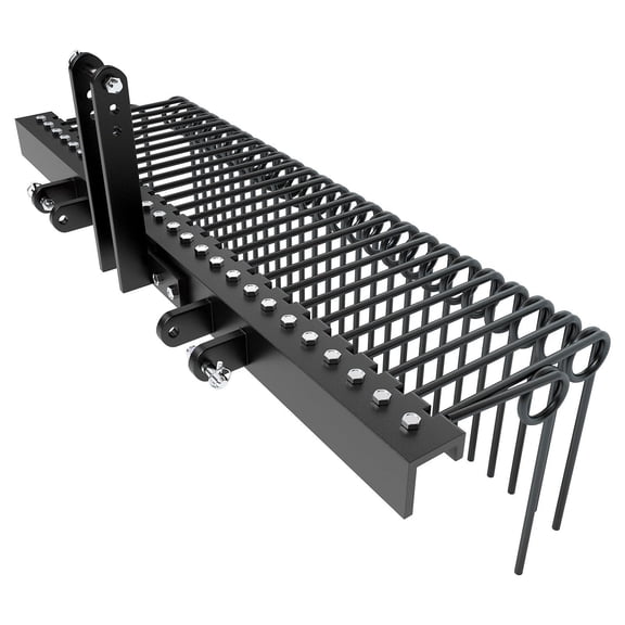 72 Inch Pine Straw Landscape Rake, 3-Point Spring Steel Tow Behind Rake Attachment, Lawn Garden Yard Cleaning Maintenance Tool, Black