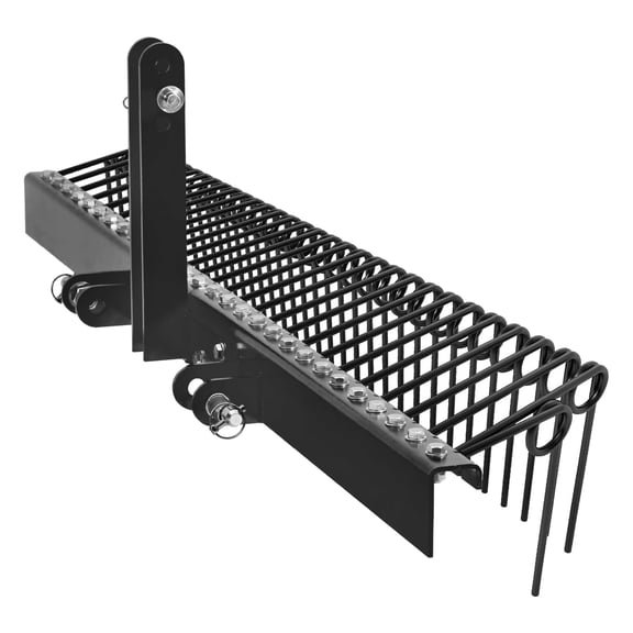 72-Inch Pine Straw Rake with 30 Spring Tines. Protective Coating Coated Steel. 3-Point Hitch for Cat-1 Tractors - Ideal for Yard Debris Cleanup and Dethatching,Black